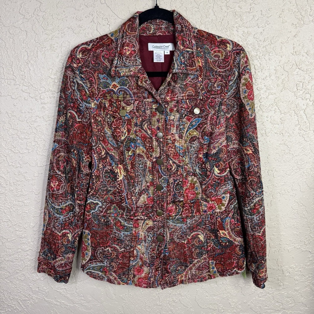 Coldwater Creek Red Tapestry Floral Jacket Women's M Boho Southwestern Artsy